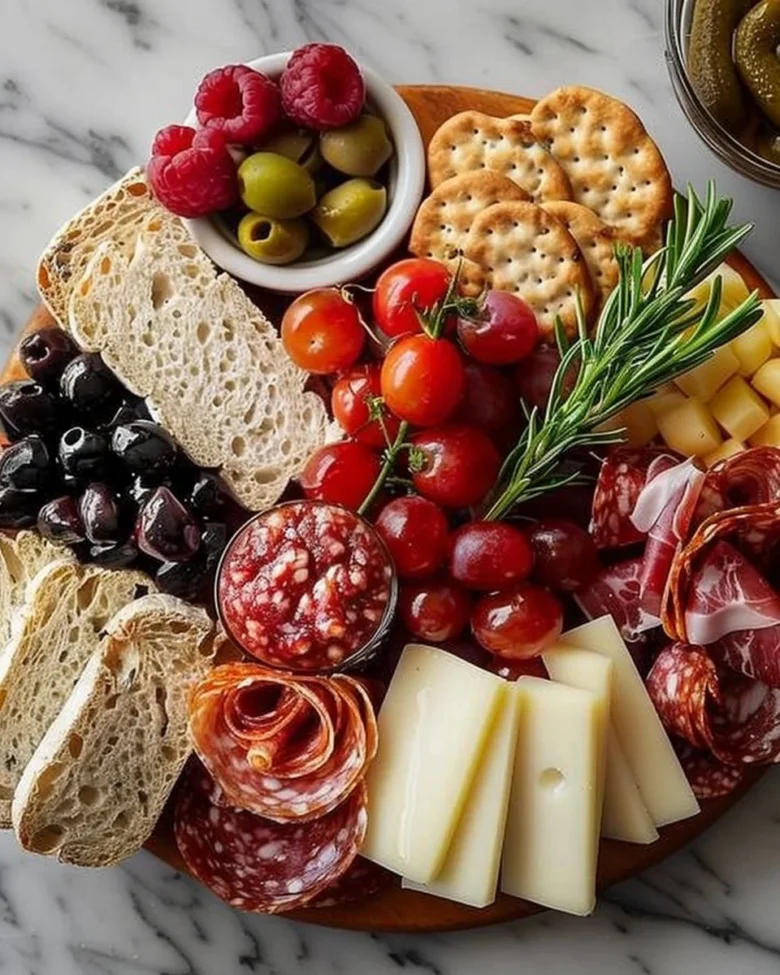 Simple charcuterie board with cheeses, meats, and fresh fruits for entertaining