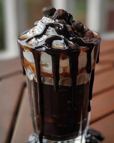 Delicious black milkshake in a tall glass with whipped cream and chocolate drizzle
