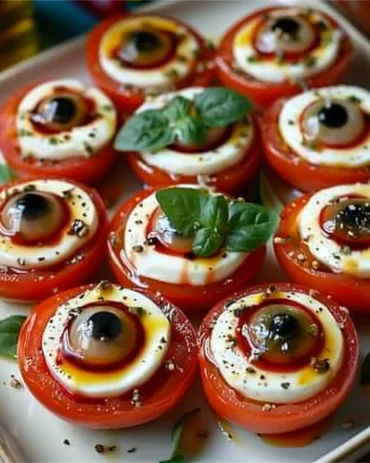 Bloody Eyeball Caprese Bites with mozzarella, tomatoes, and spooky decoration.