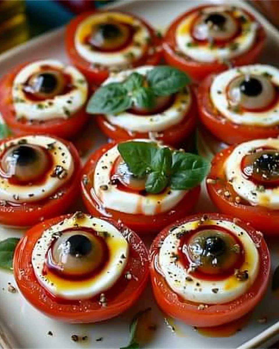 Bloody Eyeball Caprese Bites 2 Bloody Eyeball Caprese Bites with mozzarella, tomatoes, and spooky decoration.