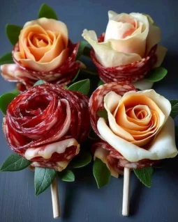 Elegant charcuterie roses made with assorted meats and cheeses.