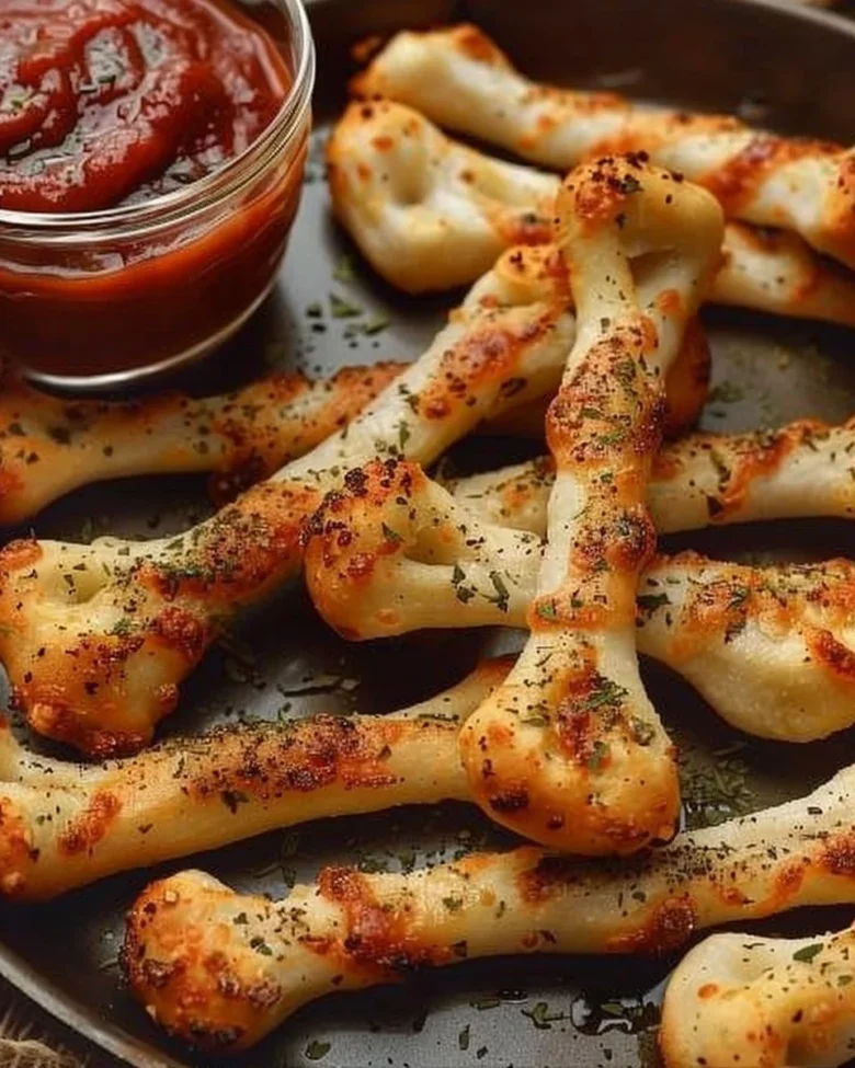 Cheesy Halloween Breadstick Bones shaped like skeleton hands
