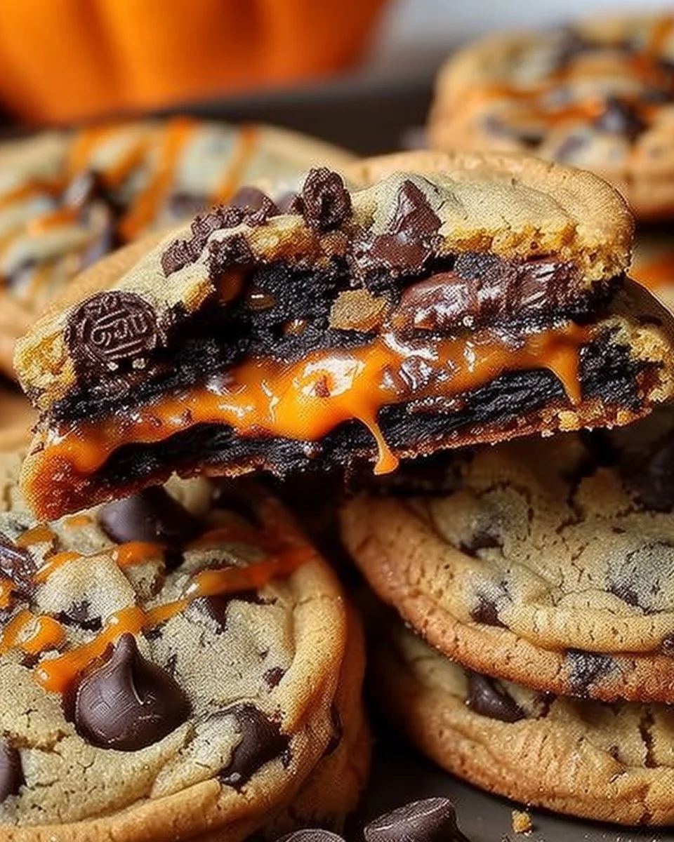 Easy Halloween Oreo stuffed chocolate chip cookies fresh out of the oven