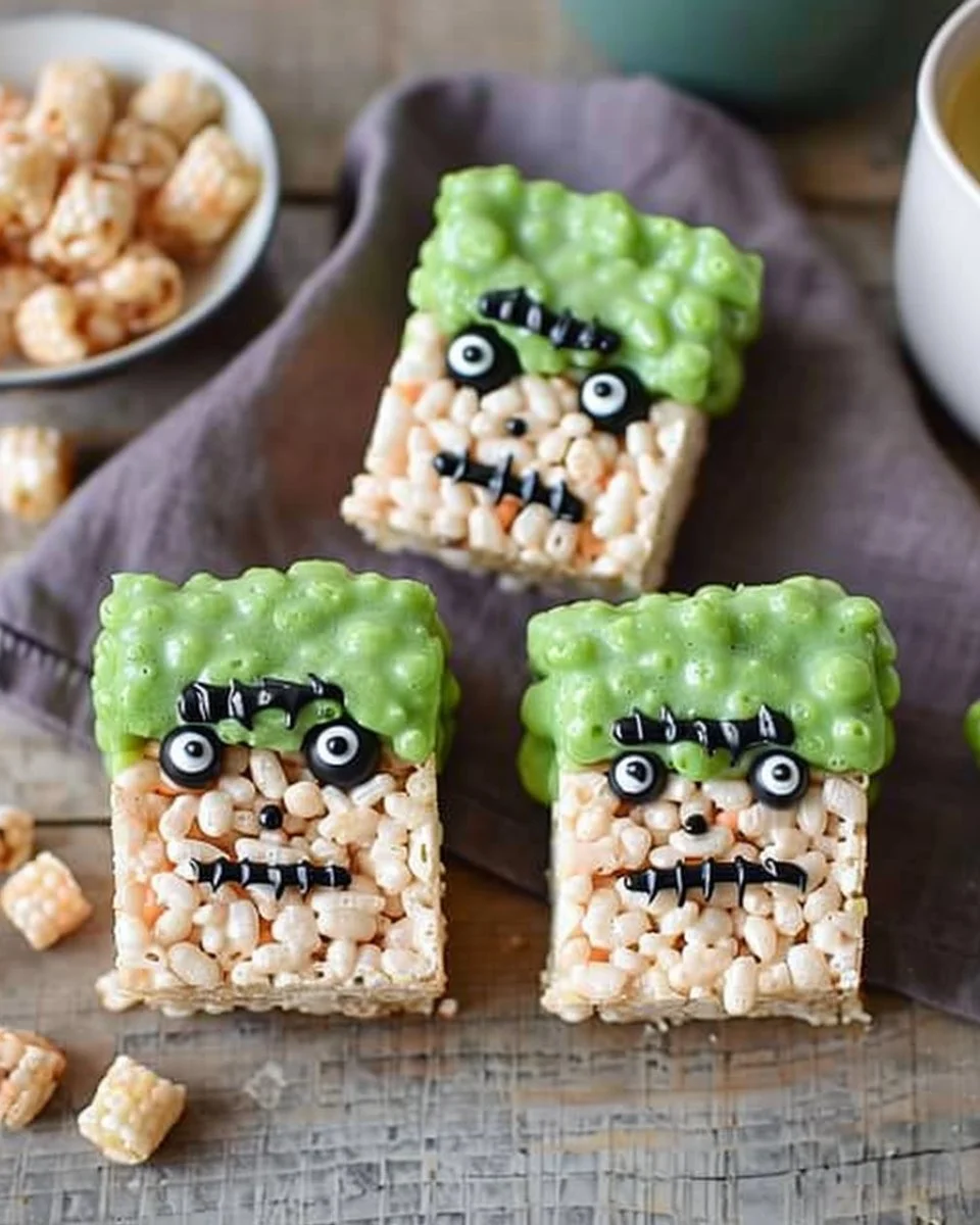 Frankenstein Rice Krispie Treats 2 Frankenstein Rice Krispie Treats decorated for Halloween
