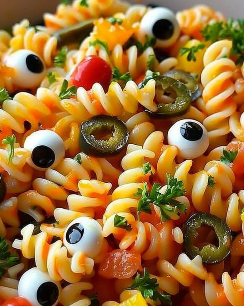Halloween Eyeball Pasta Salad with spooky garnishes