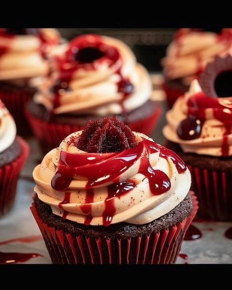 Halloween Vampire Bite Cupcakes with chocolate frosting and red raspberry filling