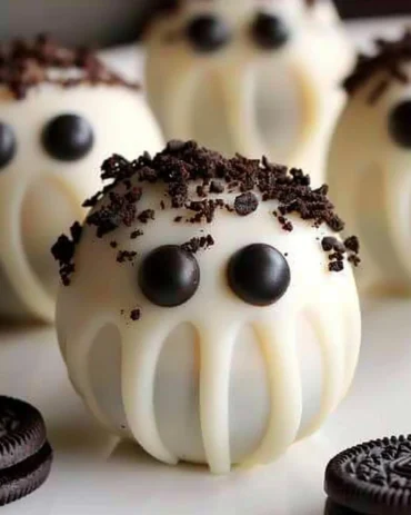 Plate of No-Bake Oreo Ghost Truffles decorated for Halloween