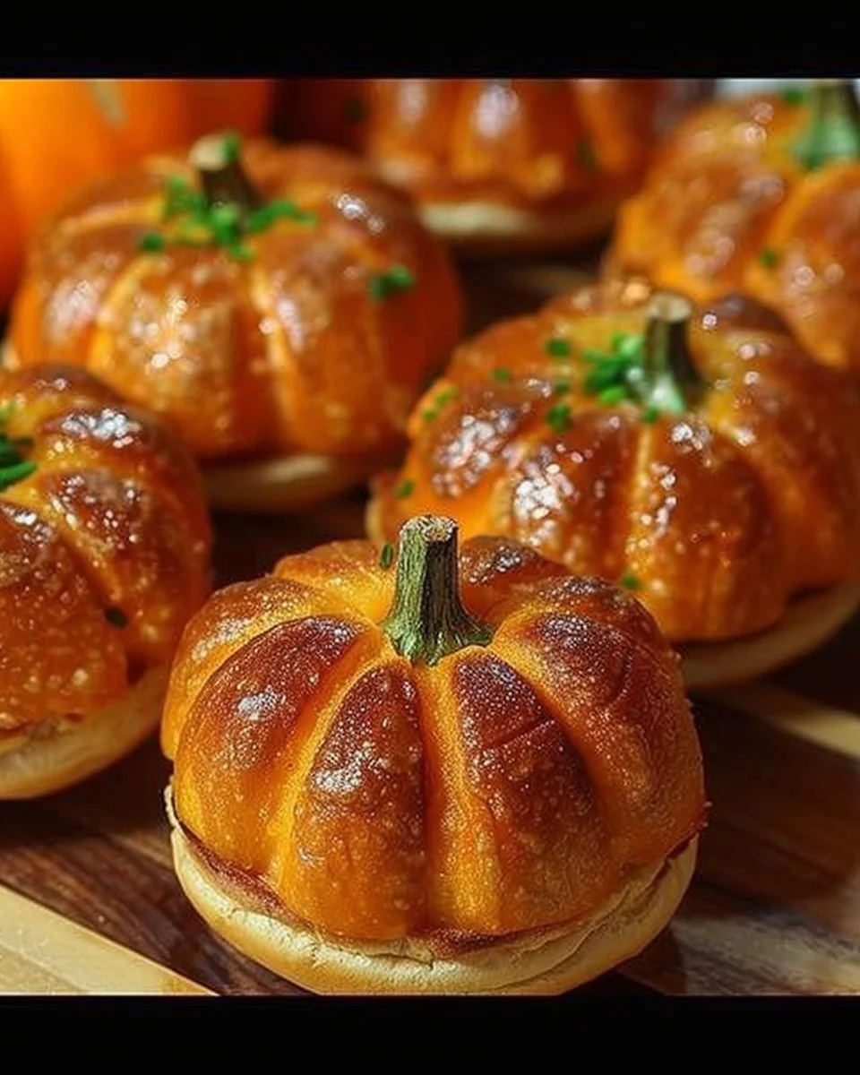 Decorative pumpkin-shaped sliders served on a platter for Halloween party.