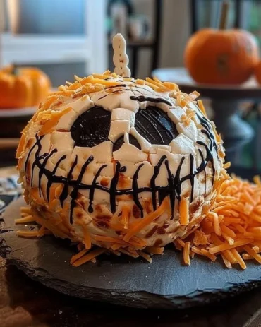 Skellington cheese ball appetizer decorated for Halloween