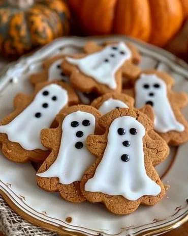 Spooky ghost brown butter pumpkin cookies with icing decoration