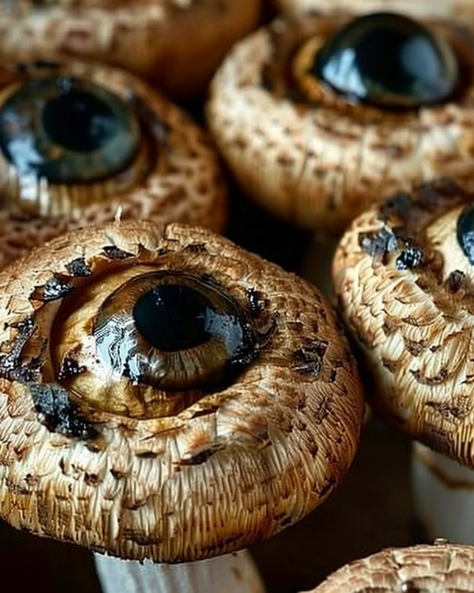 Plate of spooky stuffed mushroom eyeballs for Halloween