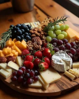 Vibrant cheese board featuring an assortment of fruits and nuts.